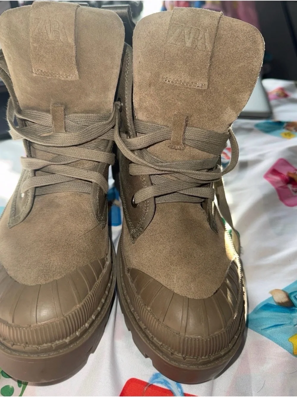 Zara Chunky Lace-Up Suede Boots in Olive Green Size 8 Women